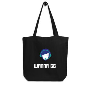 A black tote bag on which is written "wanna gg" in white underneath our website logo