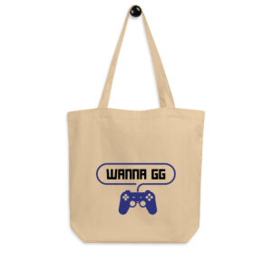 A beige tote bag on which is written "wanna gg" in black with a blue PlayStation controller