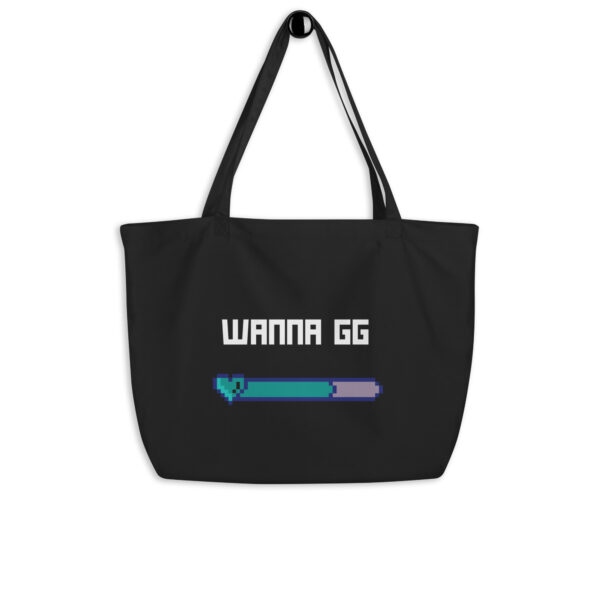 A black tote bag on which is written "wanna gg" in white with a green and blue lifebar underneath