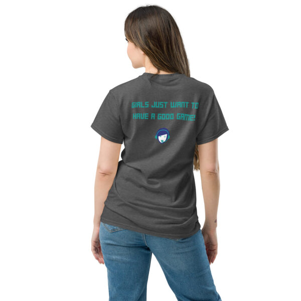 A woman posing from behind wearing a grey tshirt on which is written "girls just want to have a good game" in green with our website logo underneath