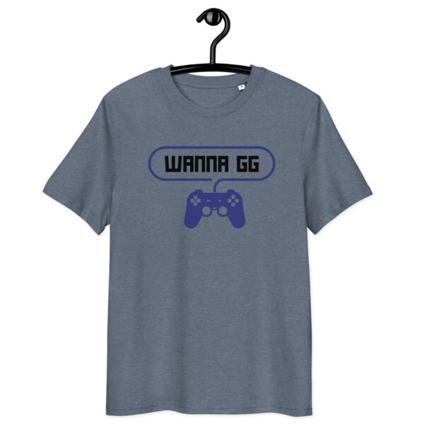 A grey tshirt on which is writting "wanna gg" in black with a blue PlayStation controller