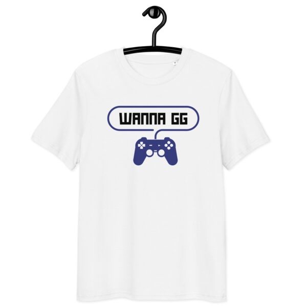 A white tshirt on which is writting "wanna gg" in black with a blue PlayStation controller