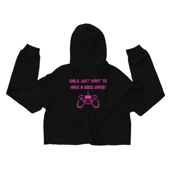 A black sweatshirt on which is written "girls just want to have a good game!" in pink with a pink PlayStation controller underneath