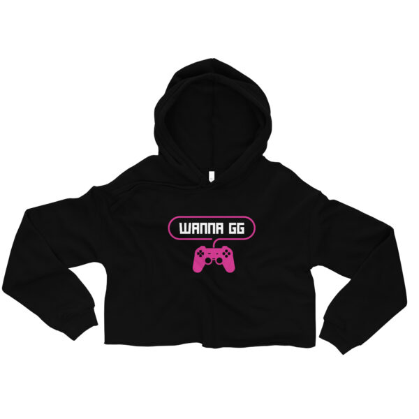 A black sweatshirt on which is writting "wanna gg" in white with a pink PlayStation controller