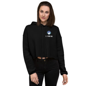 A woman poses head-on wearing a black sweatshirt and it says "wanna gg" in white underneath our website logo