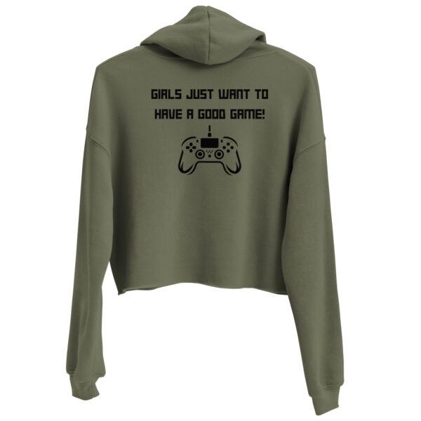 A sweatshirt on which is written "girls just want to have a good game!" in black with a black PlayStation controller underneath