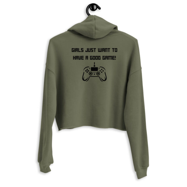 A khaki-coloured sweatshirt on which is written "girls just want to have a good game!" in black with a black PlayStation controller underneath