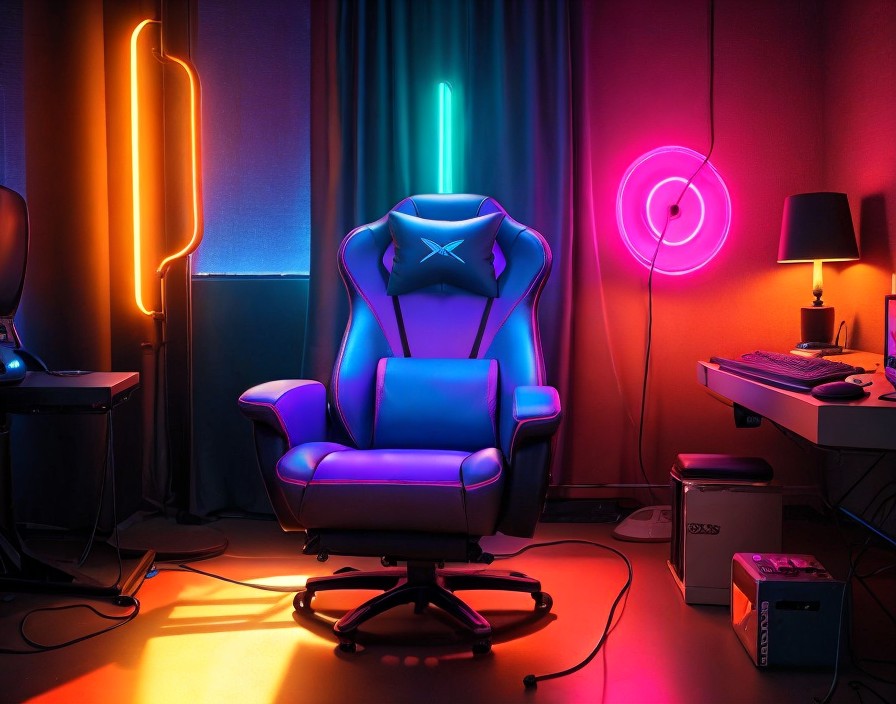 An image of a dark room with neon lights in the background with a gaming chair in the middle of the room. The of the image is on the gaming chair.